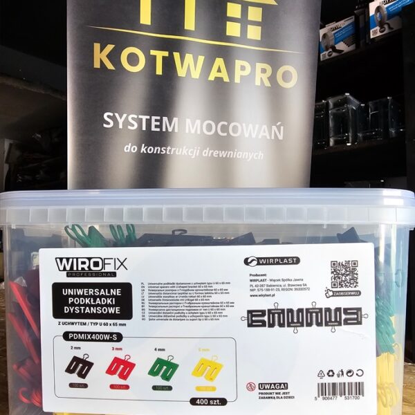 WIROFIX PDMIX400W-S podkładki dystansowe z uchwytem typ U 60 × 65 mm – zestaw 400 szt.