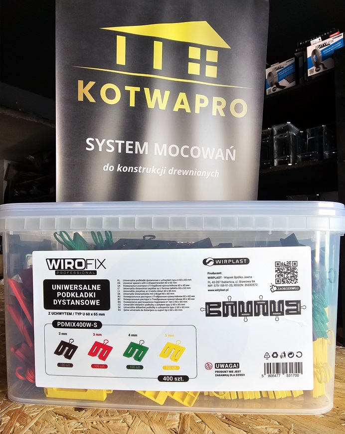 WIROFIX PDMIX400W-S podkładki dystansowe z uchwytem typ U 60 × 65 mm – zestaw 400 szt.