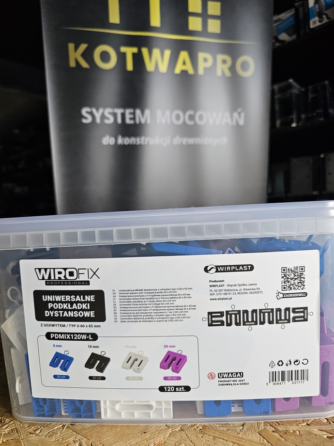 WIROFIX PDMIX120W-L podkładki dystansowe z uchwytem typ U 60 × 65 mm – zestaw 120 szt.
